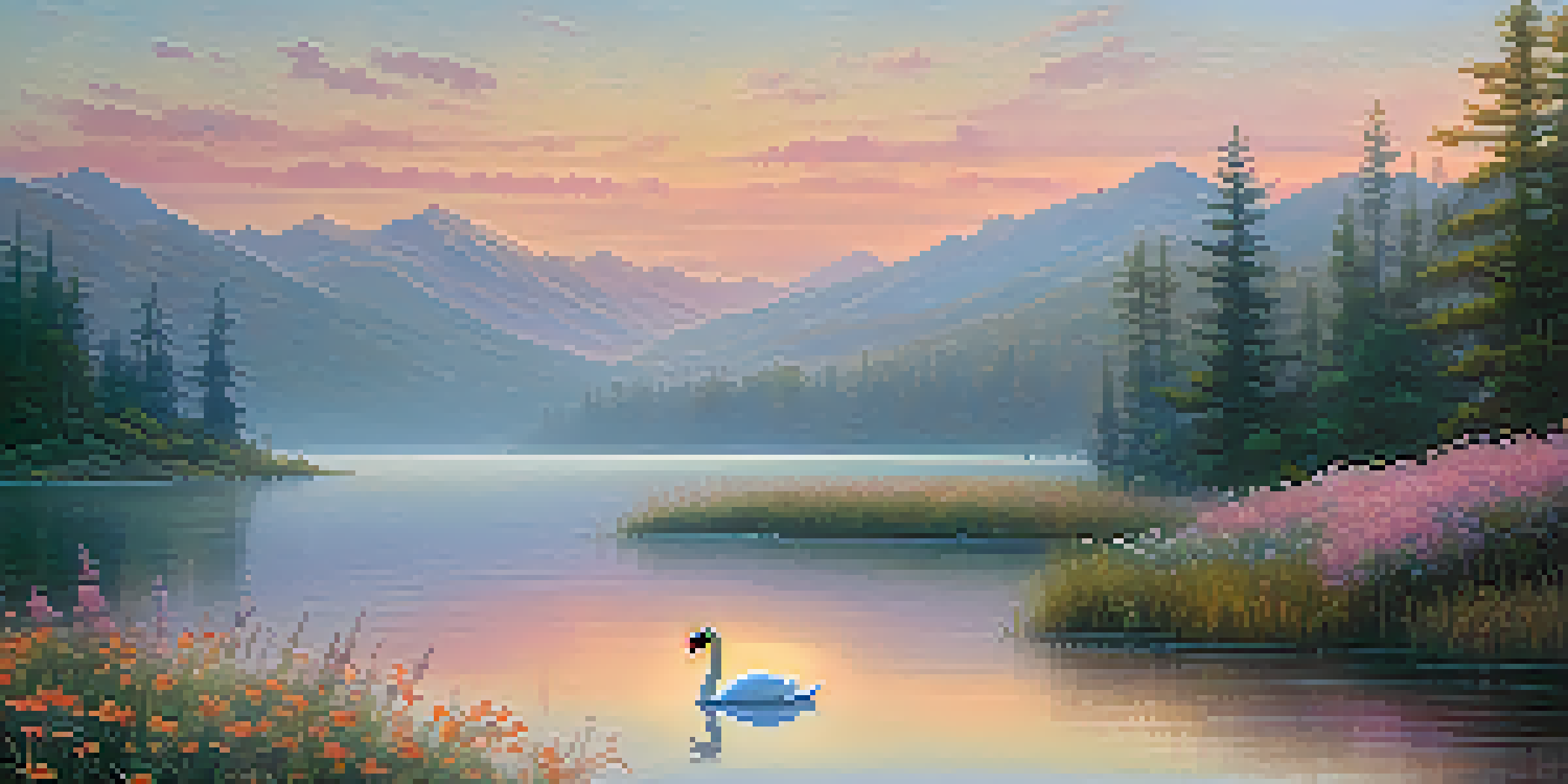 A peaceful lake at dawn with misty mountains, soft pink and orange sky, blooming wildflowers, and a swan gliding on the water.
