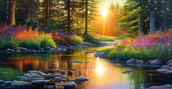 A picturesque sunset over a forest with a sparkling creek and colorful wildflowers in the foreground.