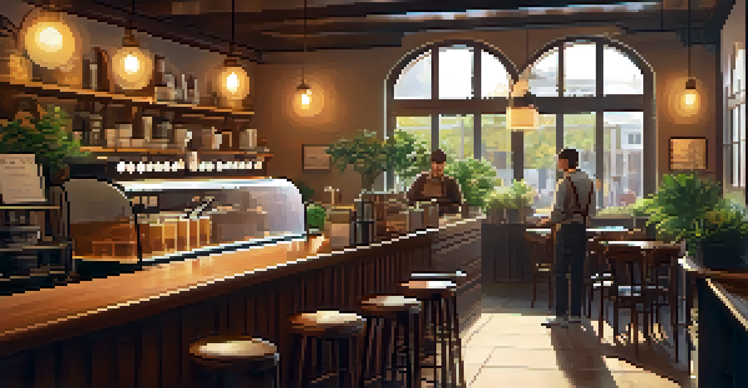 A warm and inviting café interior with soft amber lighting and wooden furniture.