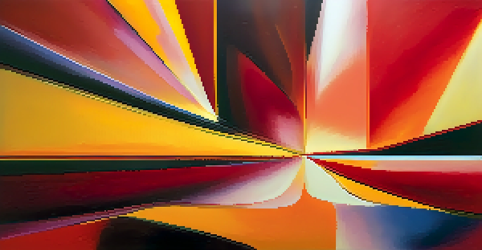 An abstract painting with warm colors like red, orange, and yellow, featuring dynamic shapes and textures that evoke energy.