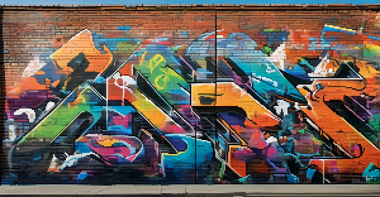 A colorful street art mural on a brick wall, featuring lively characters and graffiti, illuminated by sunlight.