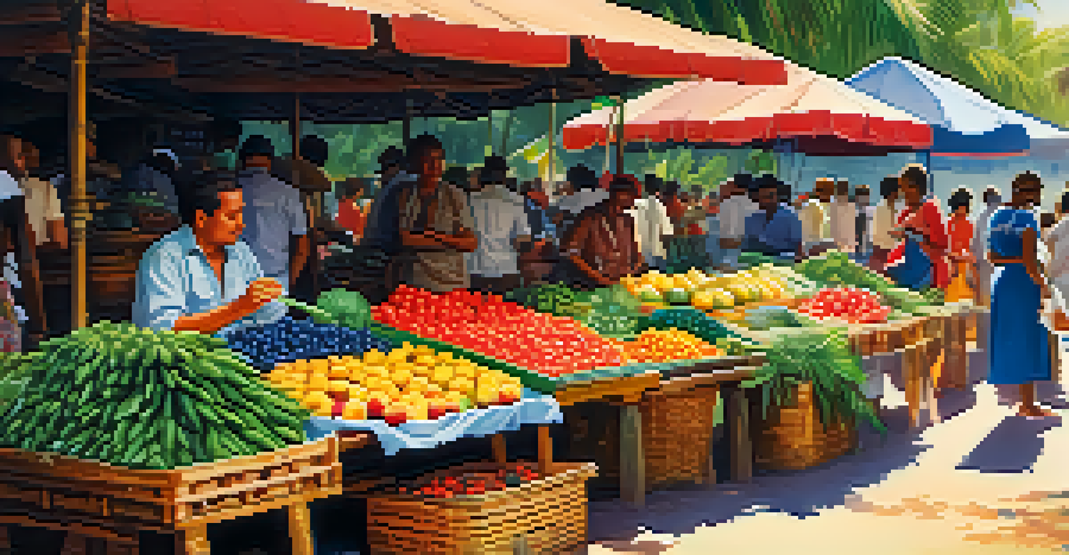 A lively tropical market scene with colorful fruits, vegetables, and vendors under palm trees.