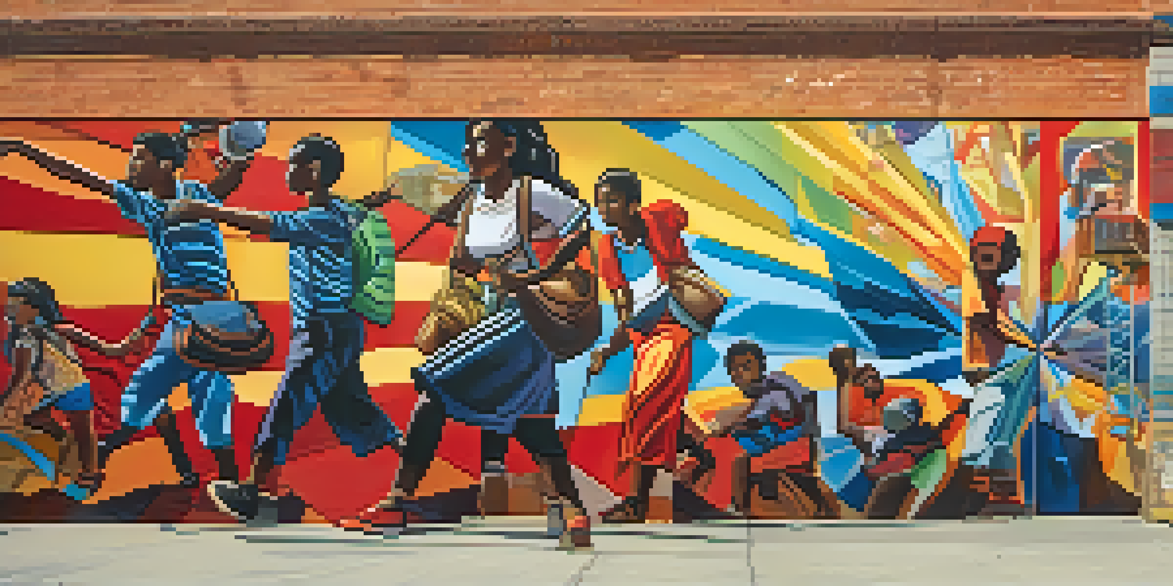 A colorful mural on a city wall illustrating the hopes and challenges of a community, with people observing the artwork.