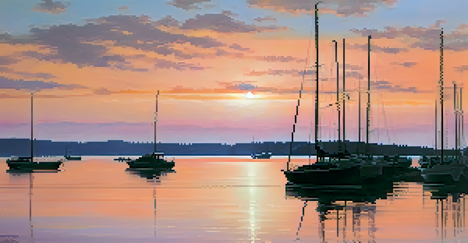 A peaceful harbor at sunrise, with soft colors in the sky reflecting on the water and silhouettes of boats.