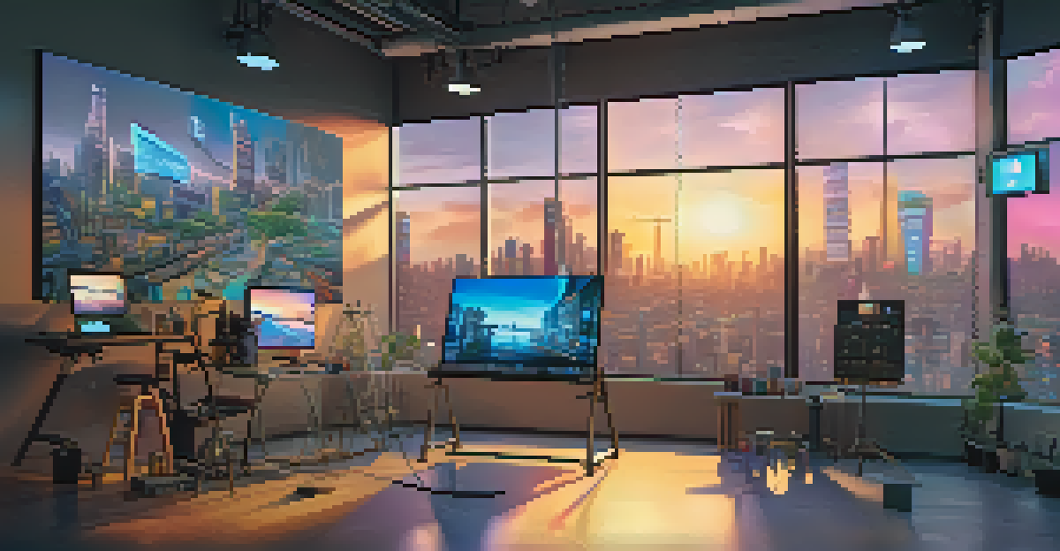 A futuristic artist's studio with VR equipment and holographic displays of 3D artworks, overlooking a city skyline at sunset.