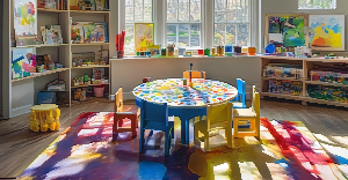 A bright and cheerful children's painting space filled with art supplies and colorful paint splashes.