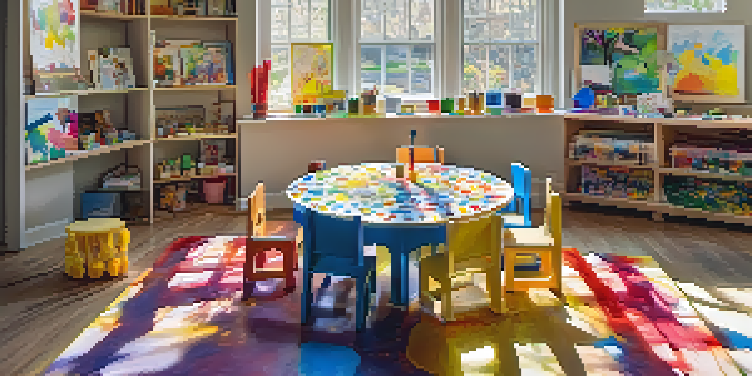 A bright and cheerful children's painting space filled with art supplies and colorful paint splashes.