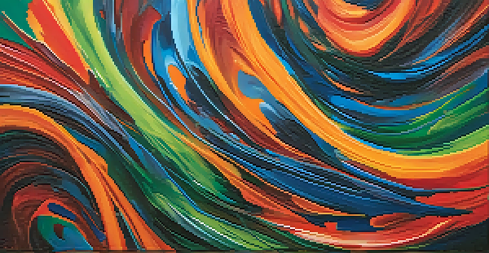 An abstract painting with swirling colors of red, orange, blue, and green, showcasing chaotic brush strokes and dynamic movement.