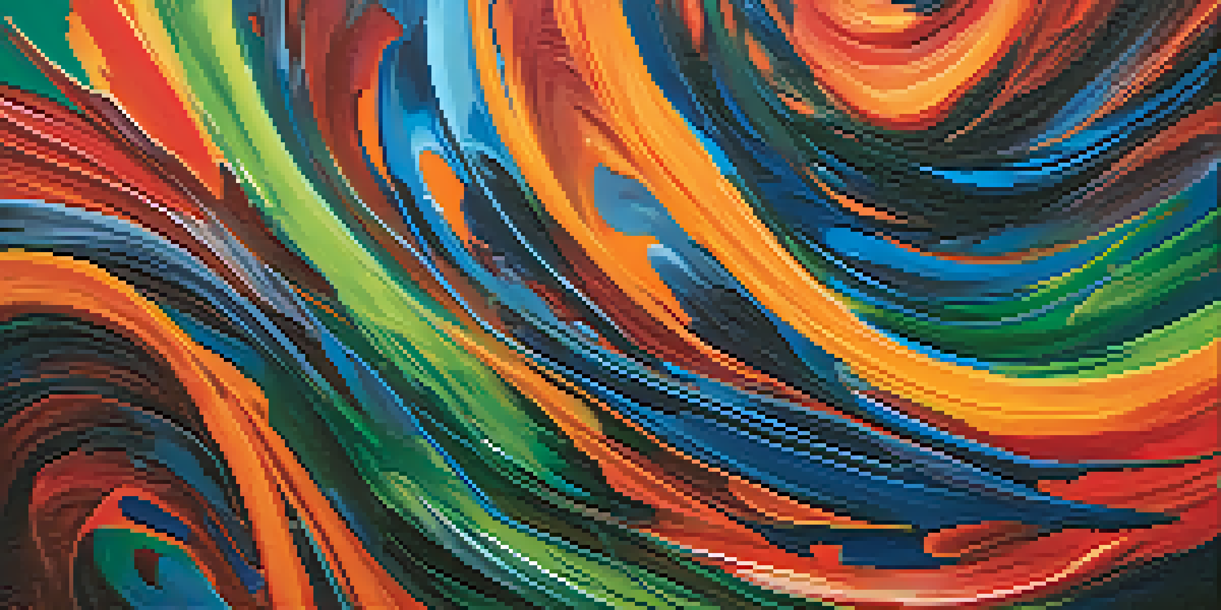 An abstract painting with swirling colors of red, orange, blue, and green, showcasing chaotic brush strokes and dynamic movement.