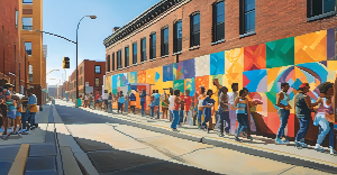 A colorful mural in an urban setting showing diverse individuals participating in community activities, with abstract patterns around them.
