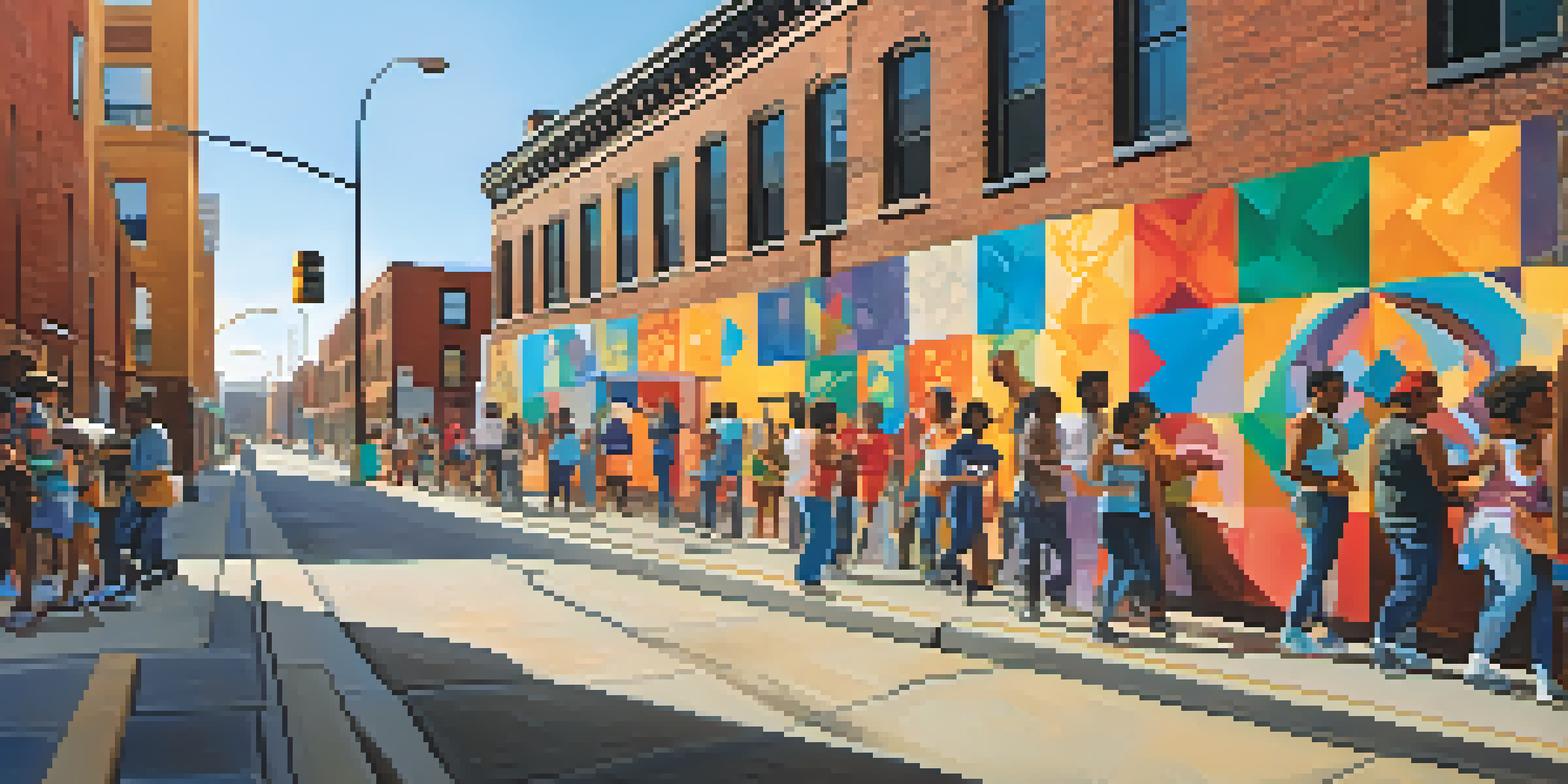 A colorful mural in an urban setting showing diverse individuals participating in community activities, with abstract patterns around them.