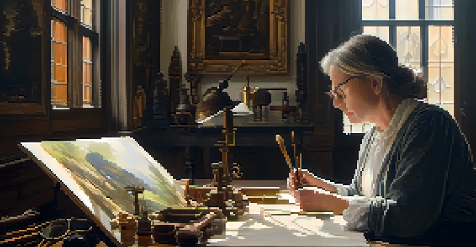 A conservator examining an old painting in a sunlit workshop, surrounded by conservation tools.