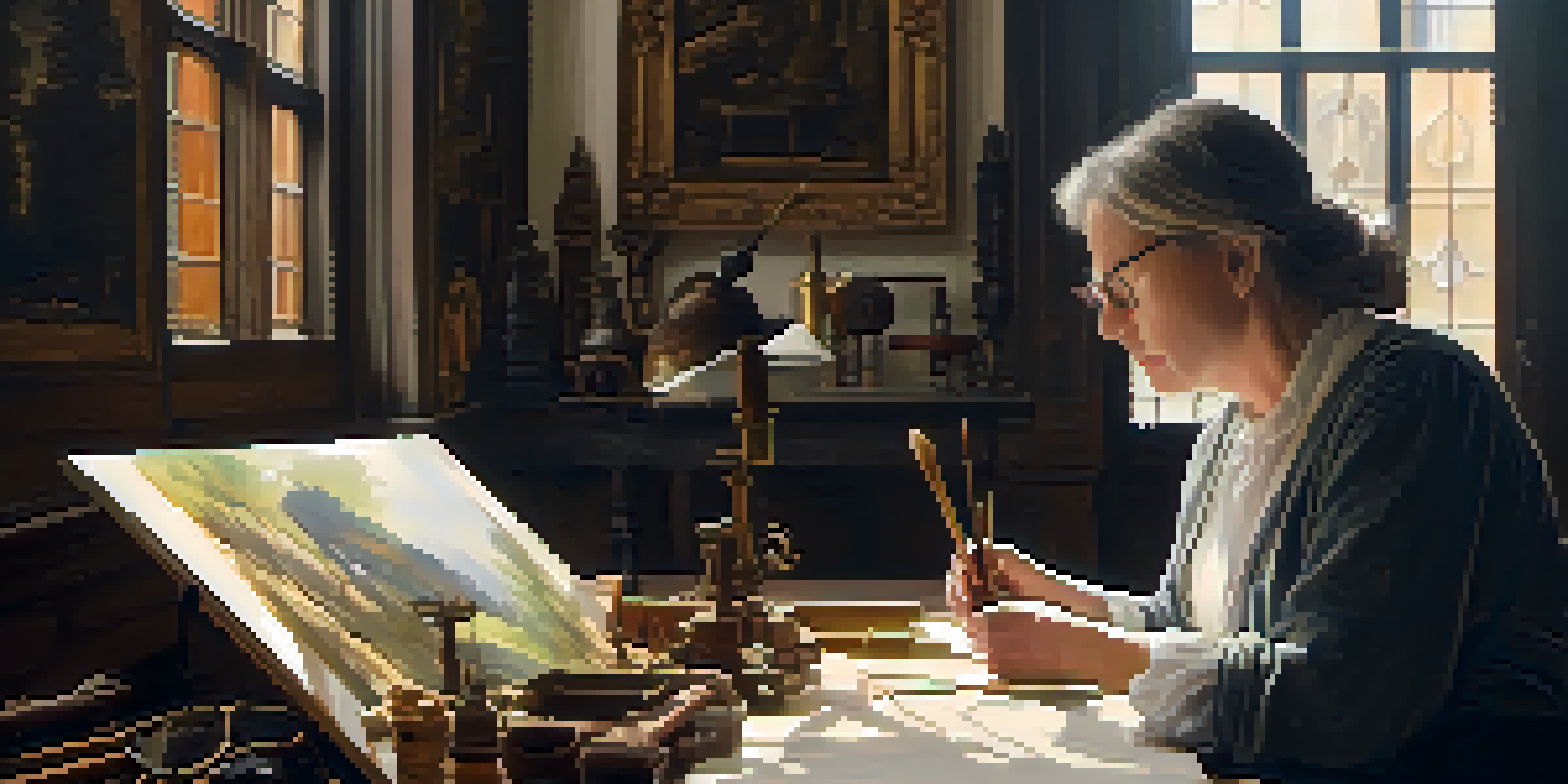 A conservator examining an old painting in a sunlit workshop, surrounded by conservation tools.