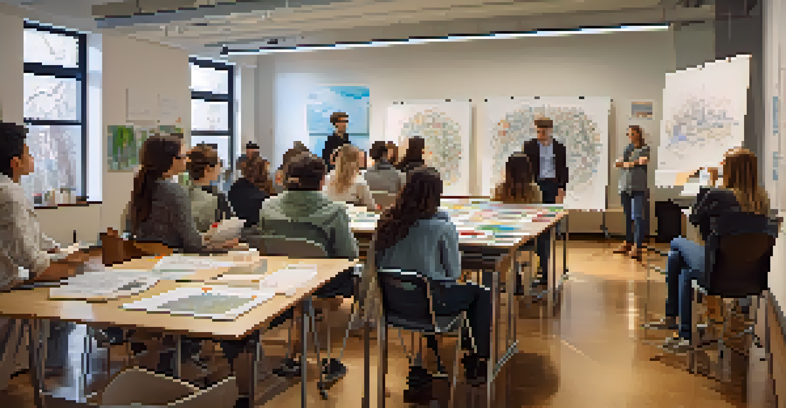 A classroom setting where advanced students are engaged in an art critique session, discussing their artworks.