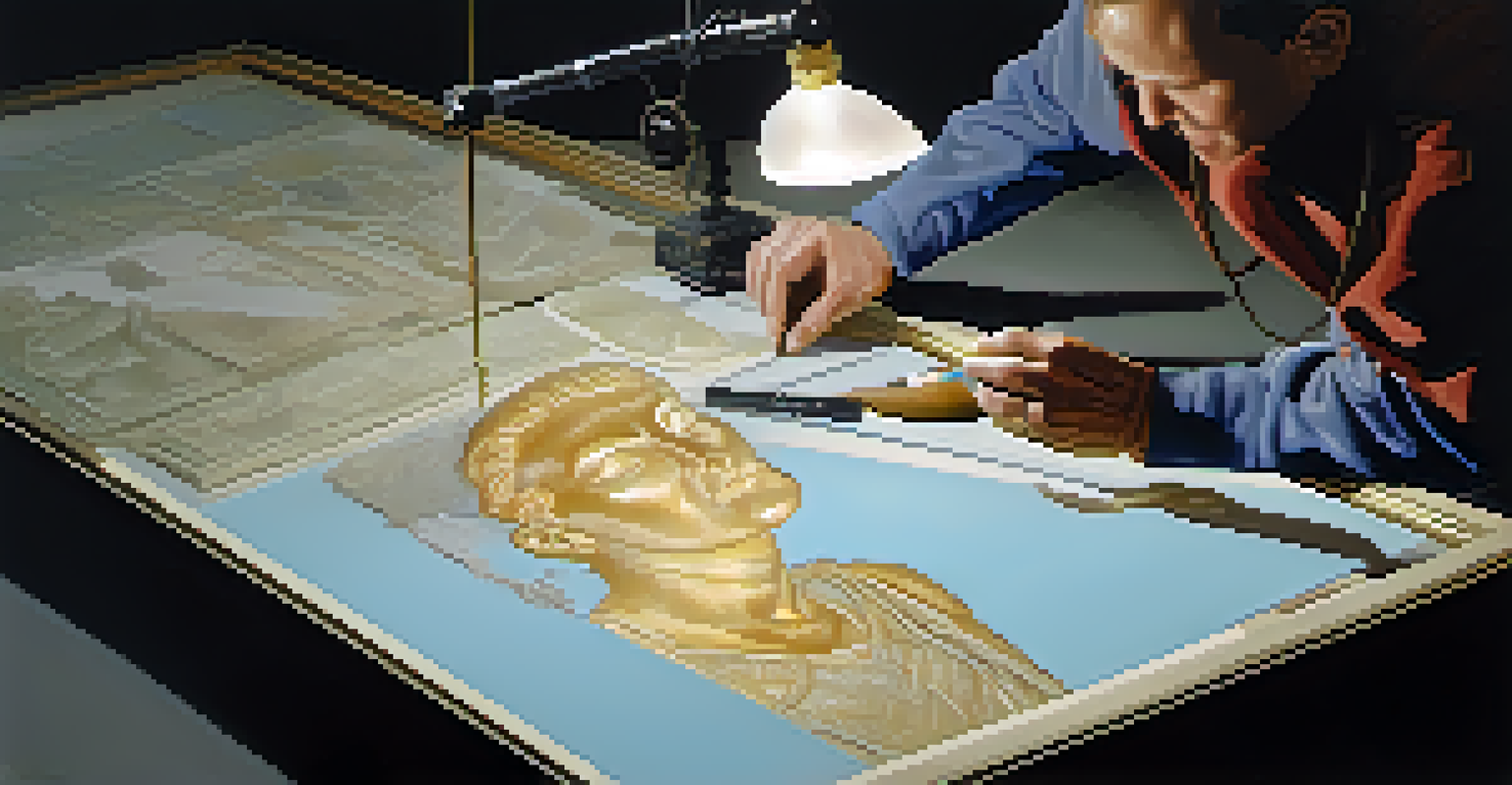 A restorer assessing a damaged artwork under UV light, highlighting cracks and flaking paint.