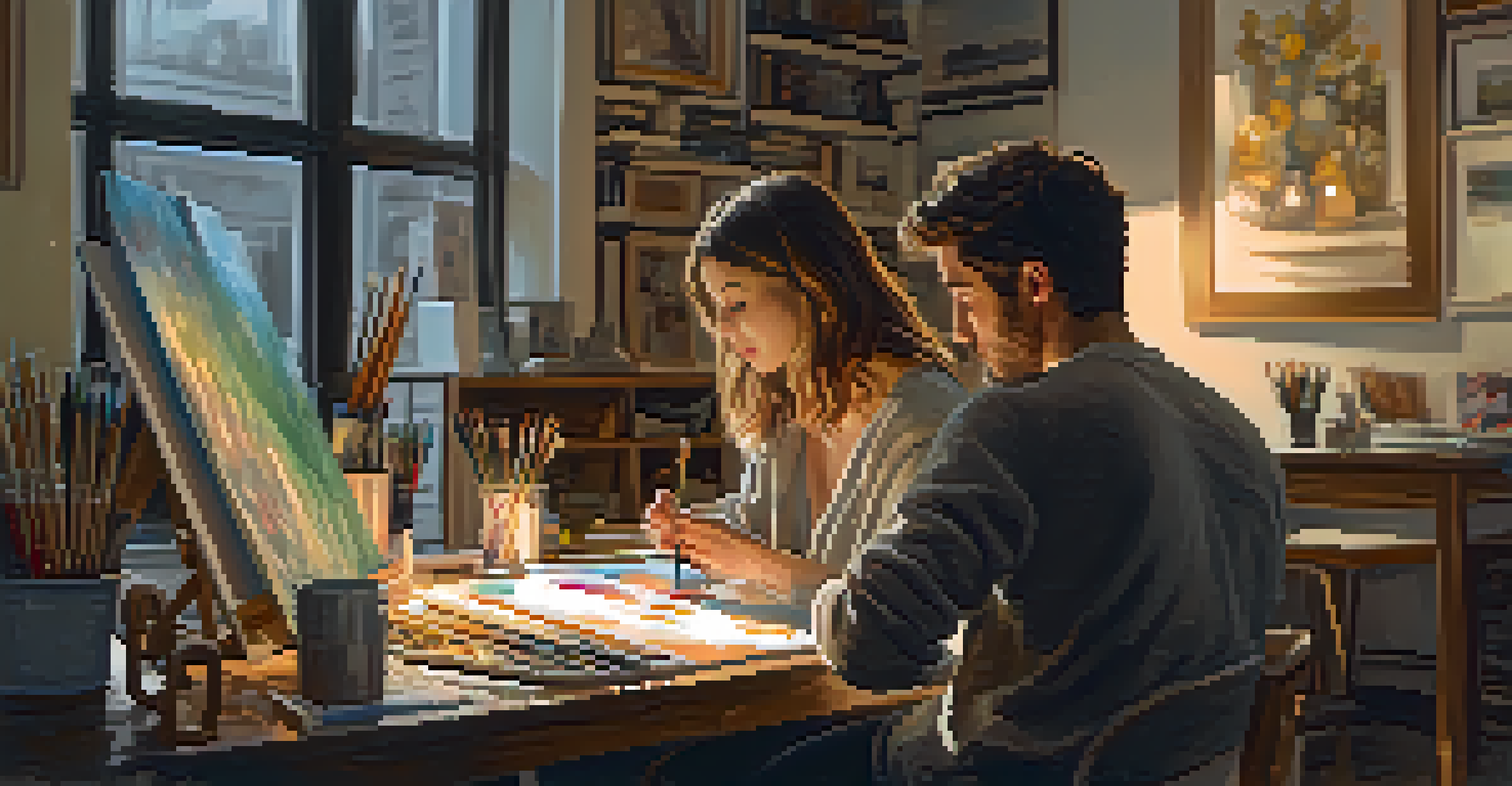 Two young artists in a studio sharing artistic techniques and ideas with art supplies around them.