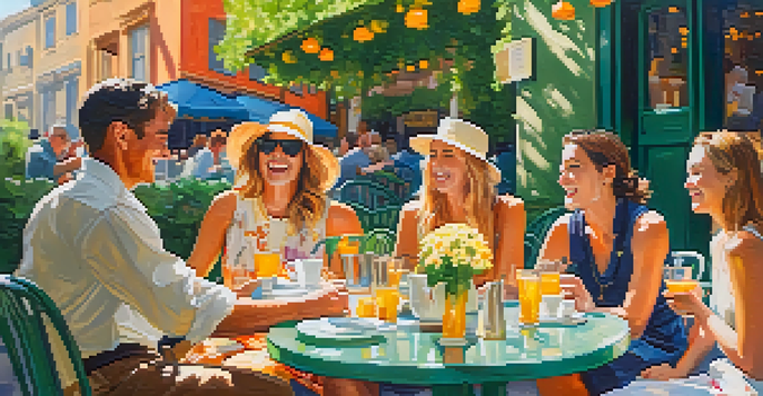 A lively outdoor café scene with friends laughing and enjoying drinks, surrounded by greenery and pastries under warm sunlight.