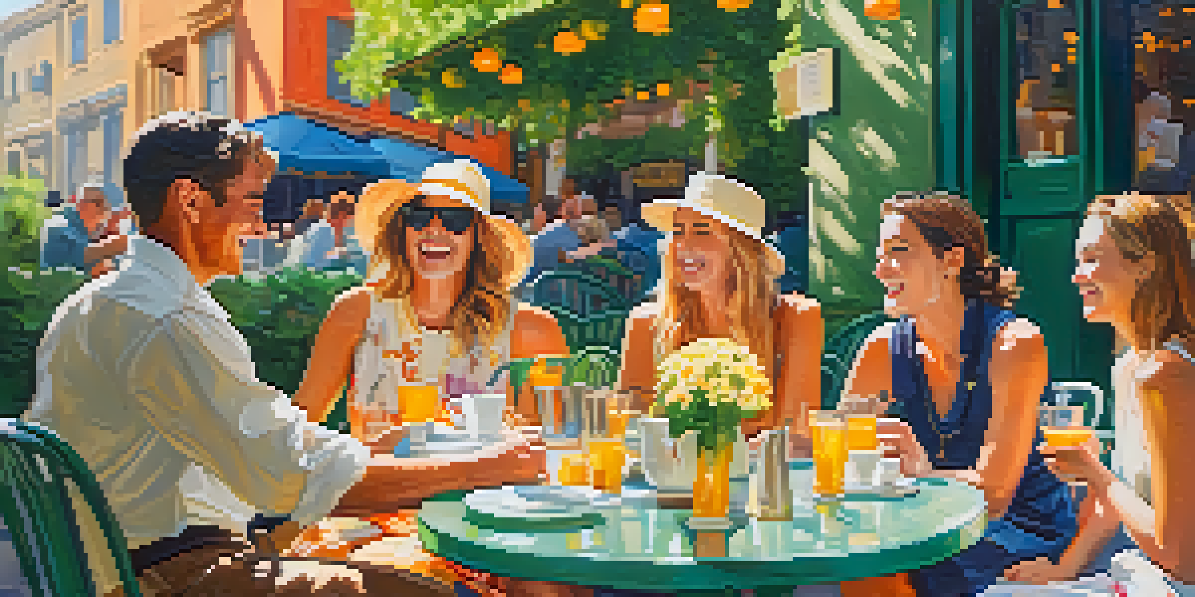 A lively outdoor café scene with friends laughing and enjoying drinks, surrounded by greenery and pastries under warm sunlight.