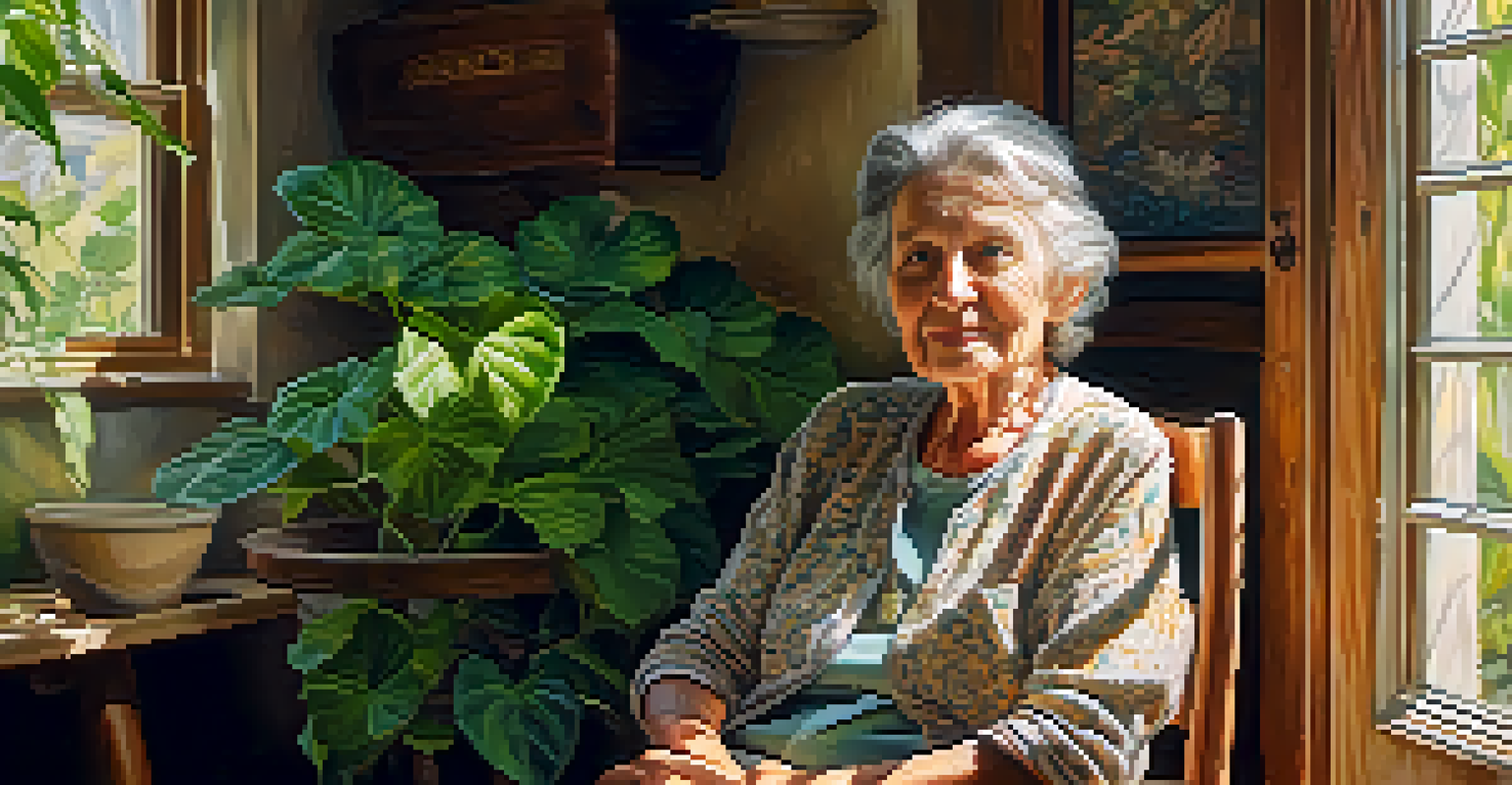 An elderly woman sitting in a sunlit room filled with plants, her face showing wisdom and warmth, illuminated by soft light.