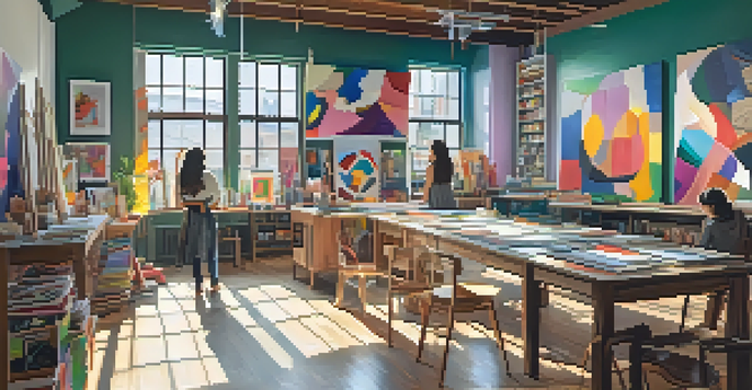 An art studio with colorful canvases, diverse artists collaborating, and natural light illuminating the space.