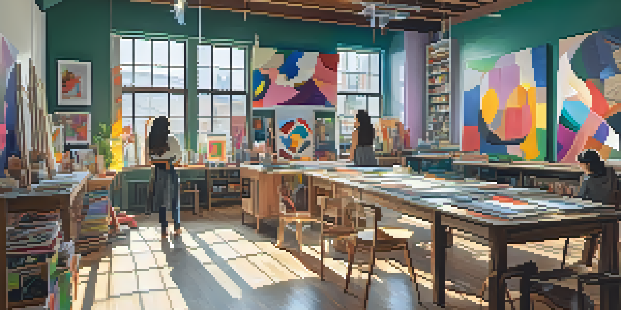 An art studio with colorful canvases, diverse artists collaborating, and natural light illuminating the space.