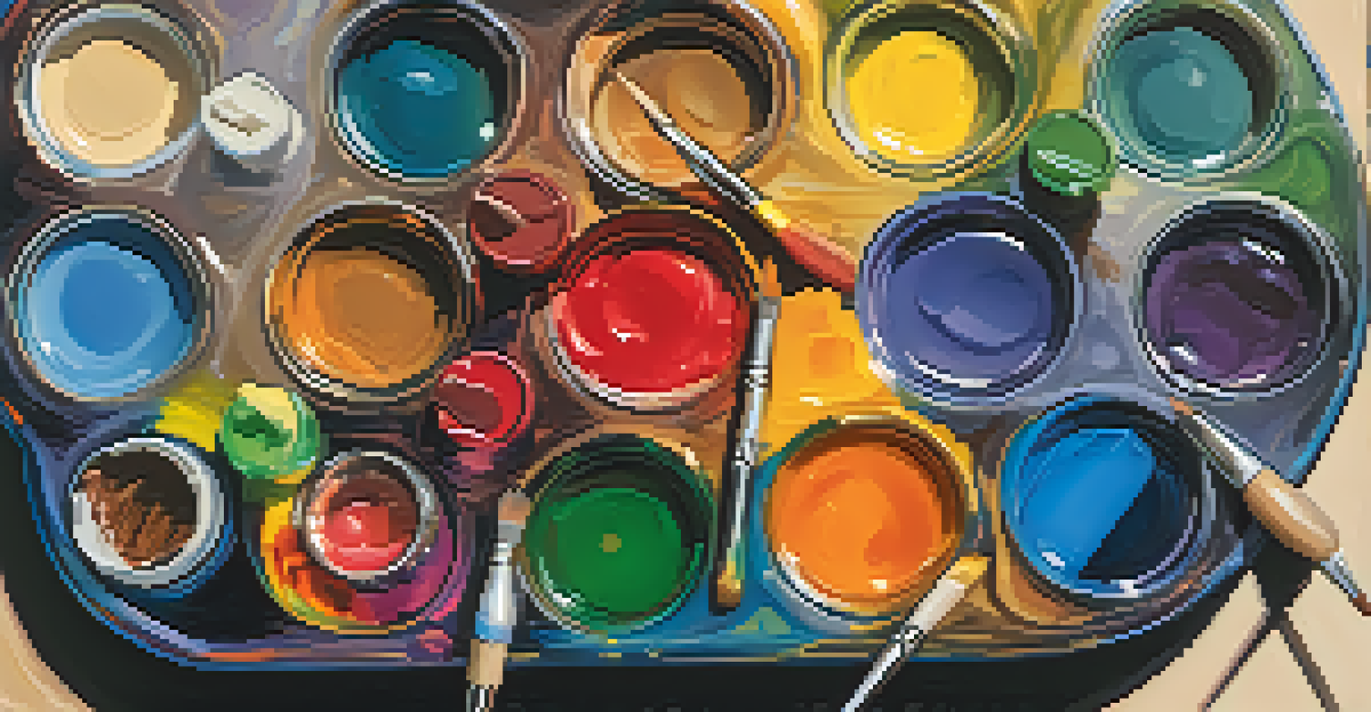 A close-up of an artist's palette full of colorful oil and acrylic paints, with paintbrushes nearby.