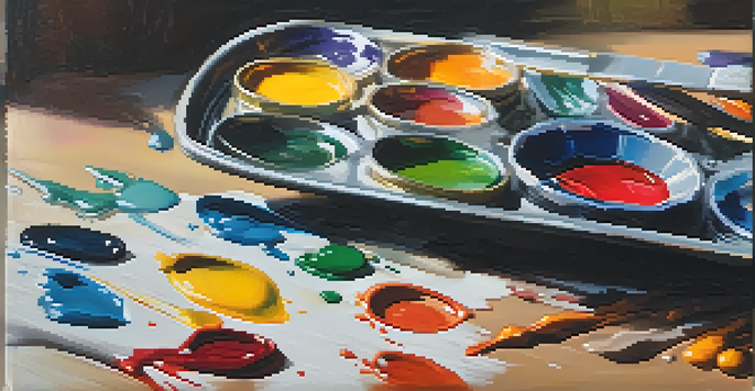 A close-up view of an artist's palette filled with vibrant oil paints and brushes in soft natural light.