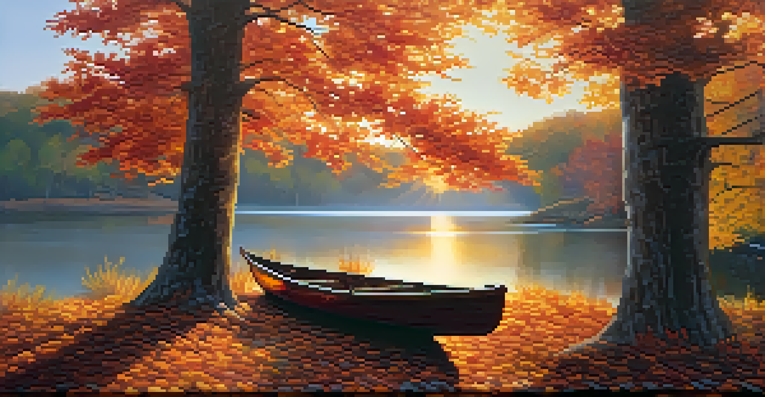 A picturesque lake surrounded by vibrant autumn trees, with a wooden boat floating on the water under a warm sunset.