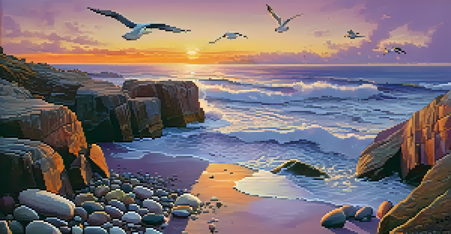 Coastal landscape at sunset with colorful sky, waves crashing on cliffs, and seagulls flying.