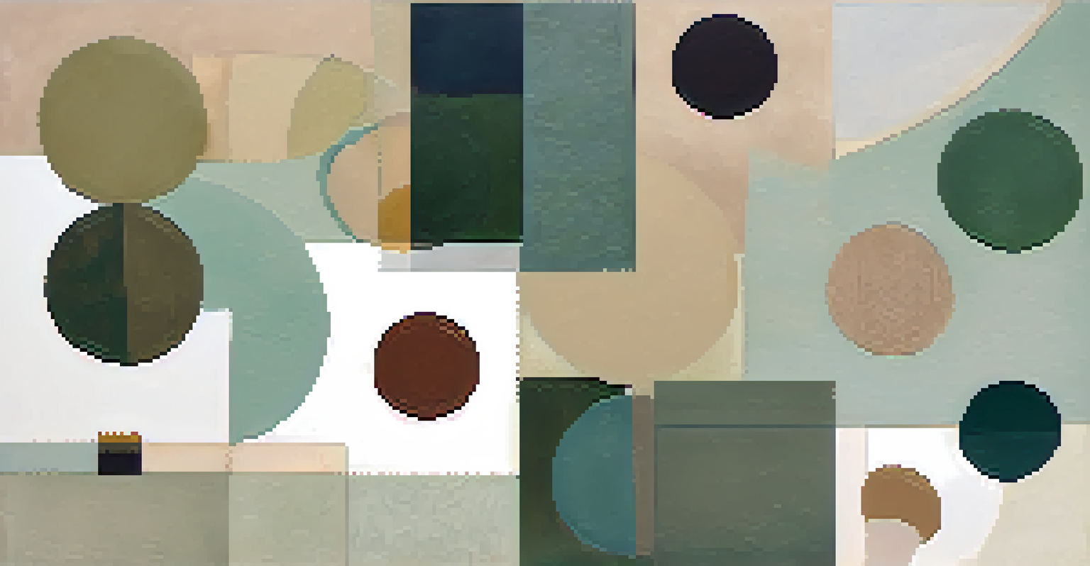 An abstract collage with a mix of geometric shapes and organic forms in muted colors, showcasing various textures.