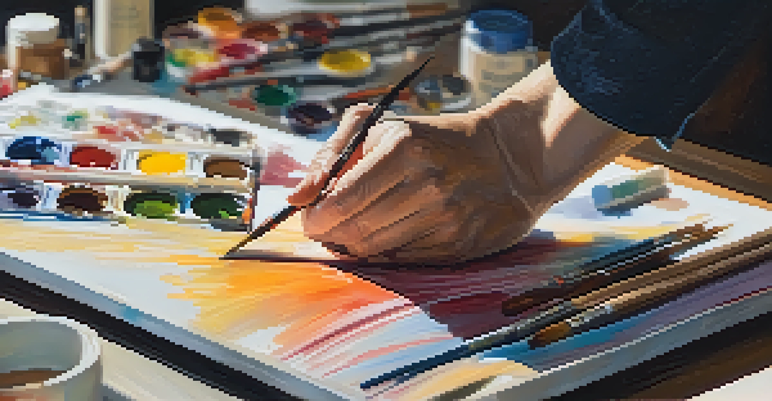 An artist's hands painting on a canvas with colorful paints in a bright studio.