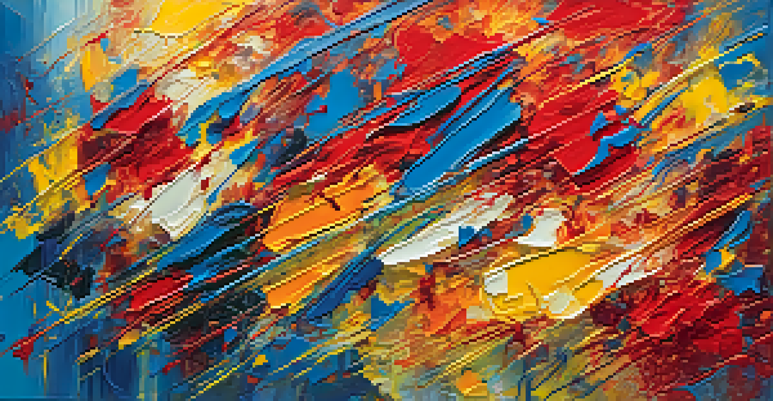 An expressive abstract painting characterized by bold brush strokes and a vibrant color palette, with rich texture and dynamic lines.