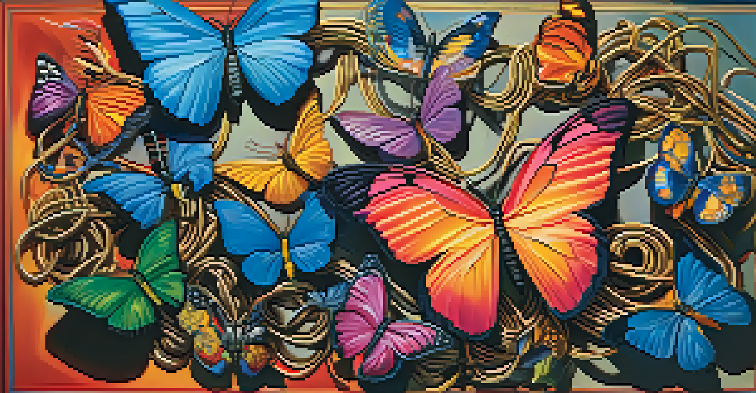 An abstract painting with bold colors, featuring butterfly motifs and chains, symbolizing identity and transformation on a textured canvas.