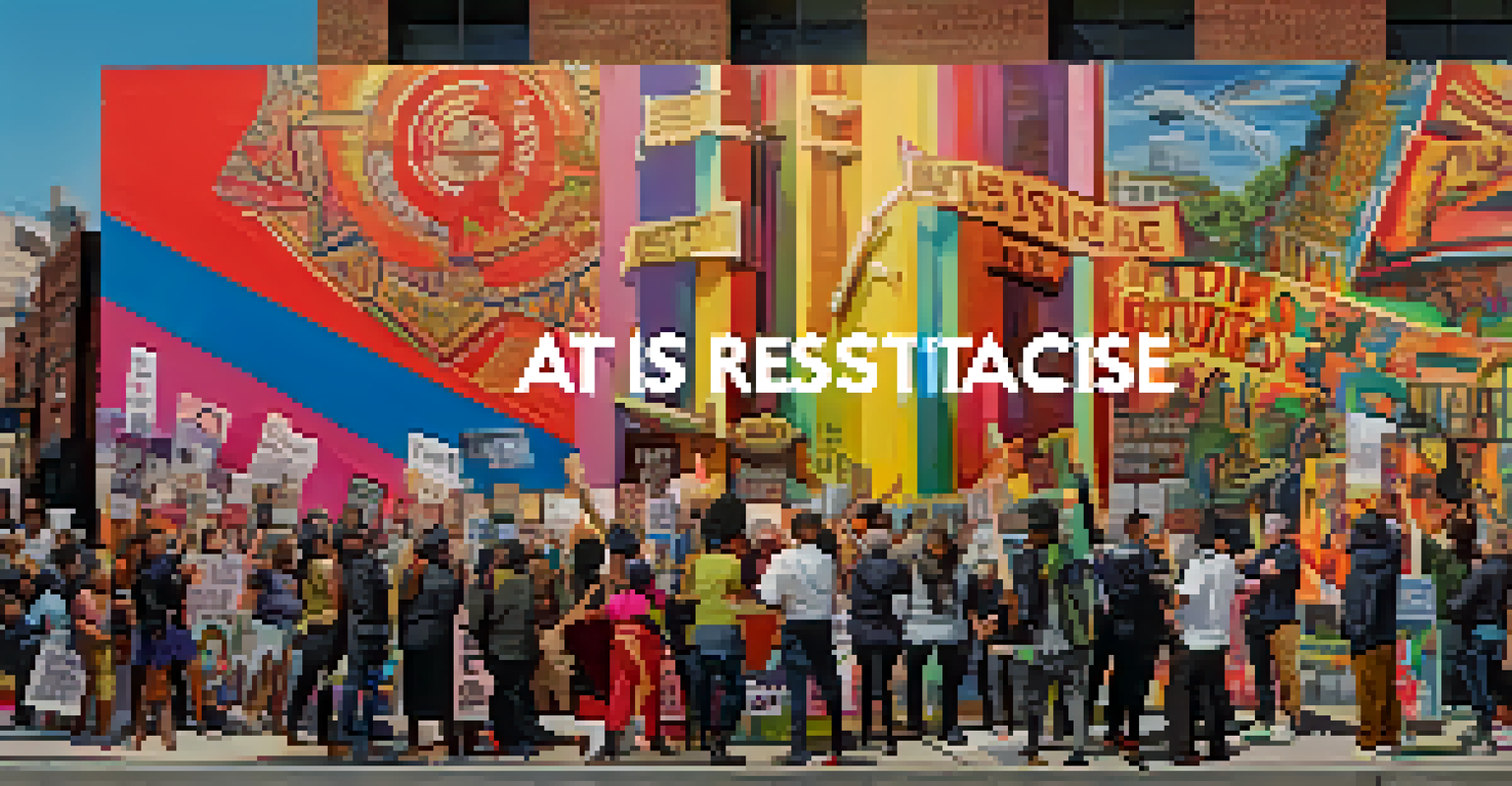 A close-up of a protest sign saying 'Art is Resistance' with activists and colorful murals in the background.