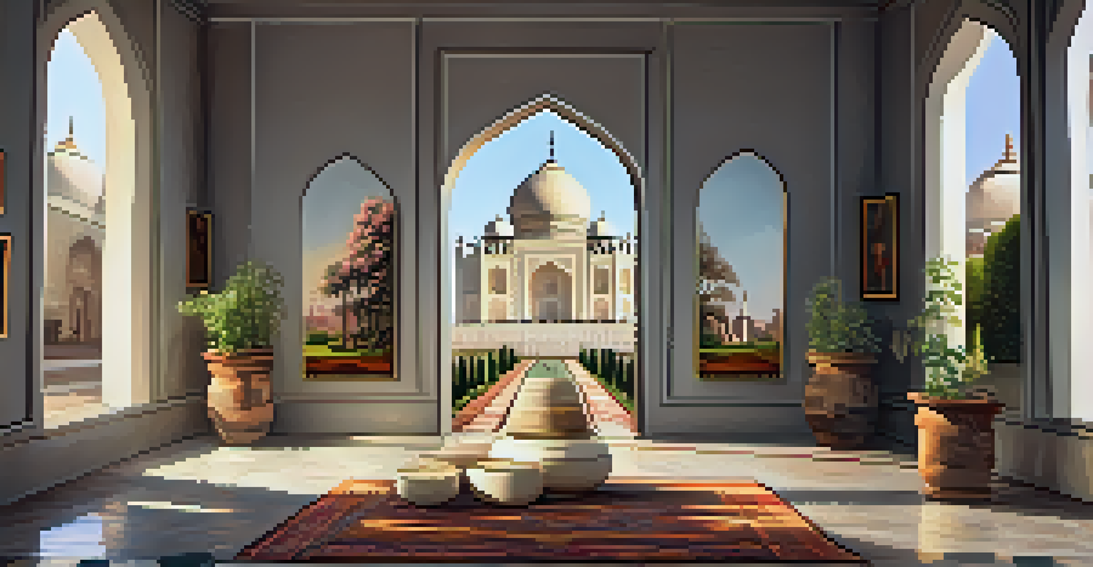 An artist's studio with paintings of the Taj Mahal, featuring vibrant colors and soft lighting.
