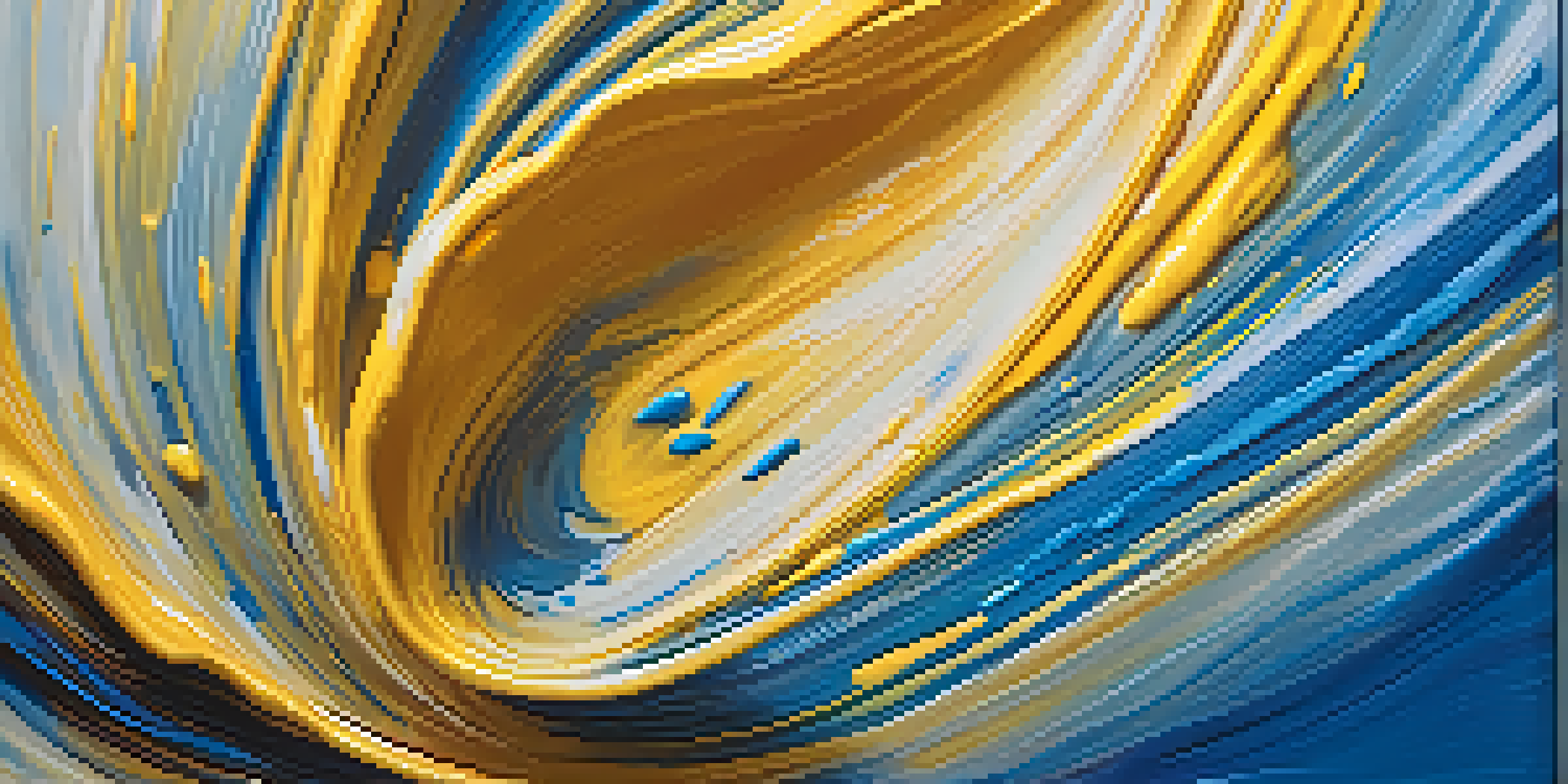 A close-up of a paintbrush creating colorful swirls on a canvas, with vibrant blue and yellow hues.