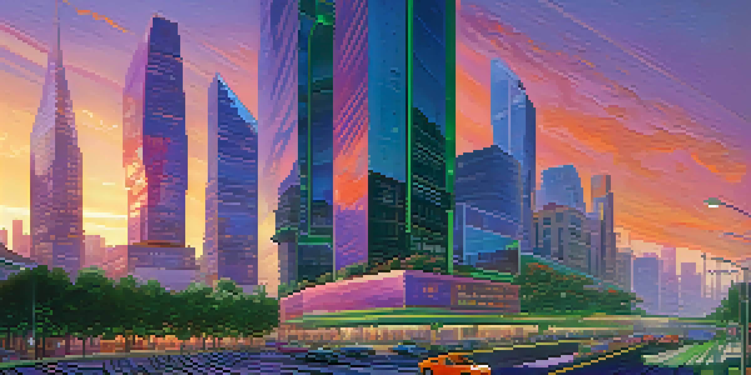 A colorful cityscape in the early morning with modern skyscrapers and busy streets, showcasing the energy of urban life.