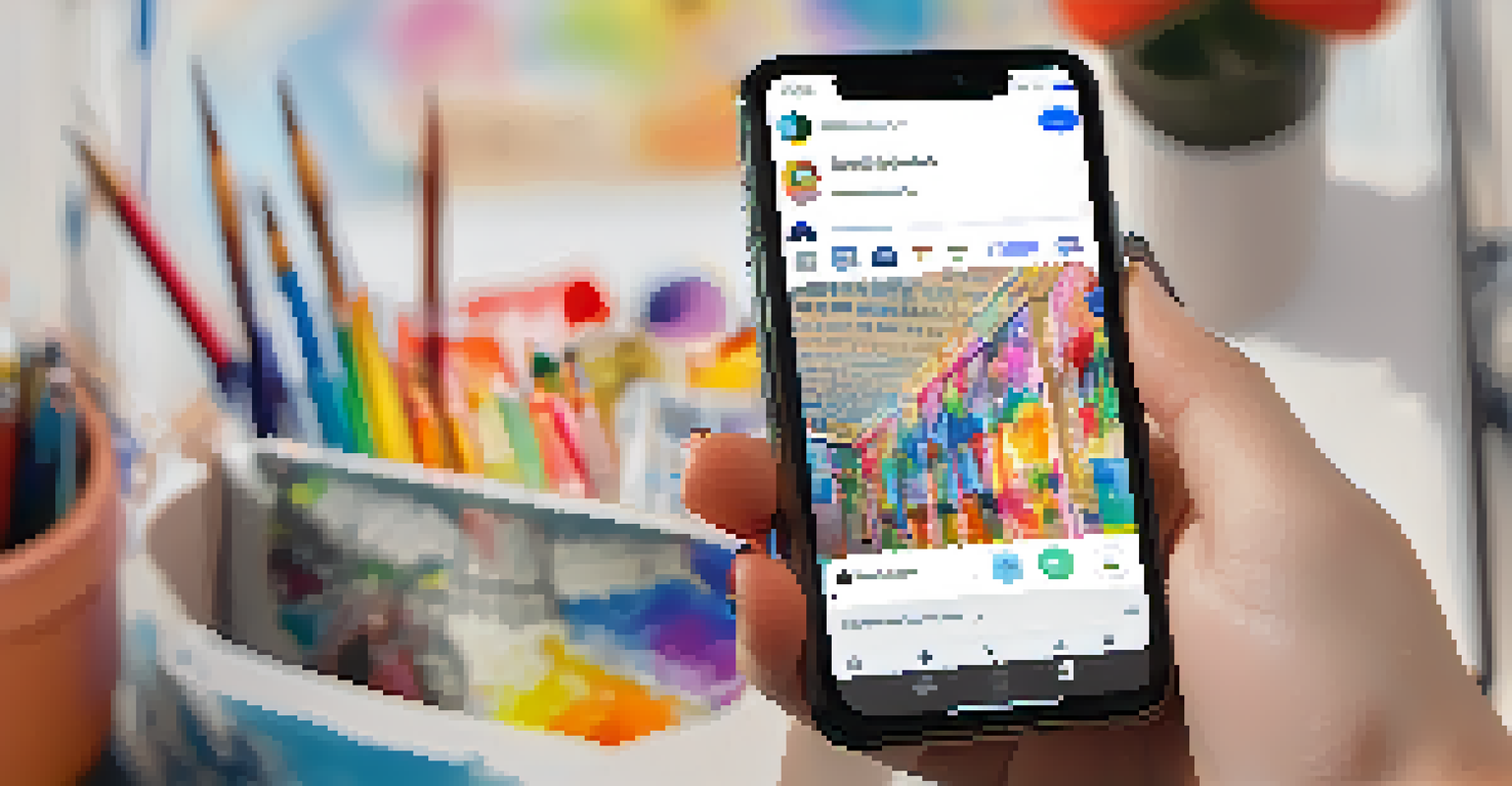 A close-up of a person's hand holding a smartphone displaying an art critique on social media, with art supplies in the blurred background.