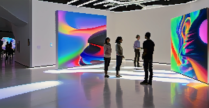 Visitors interacting with a digital art installation in a modern gallery, surrounded by colorful light projections.