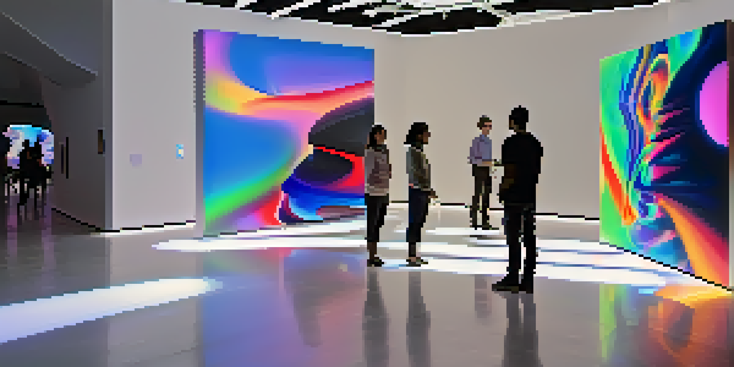 Visitors interacting with a digital art installation in a modern gallery, surrounded by colorful light projections.