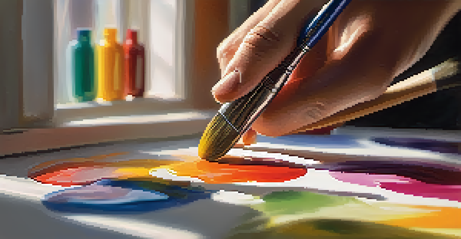A close-up of a hand painting on a canvas in an artist's studio filled with colorful supplies and sunlight.