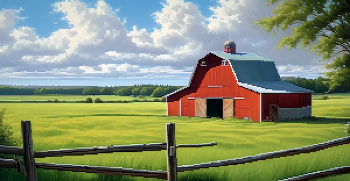 A bright red barn contrasting against a soft green field under a blue sky with white clouds.