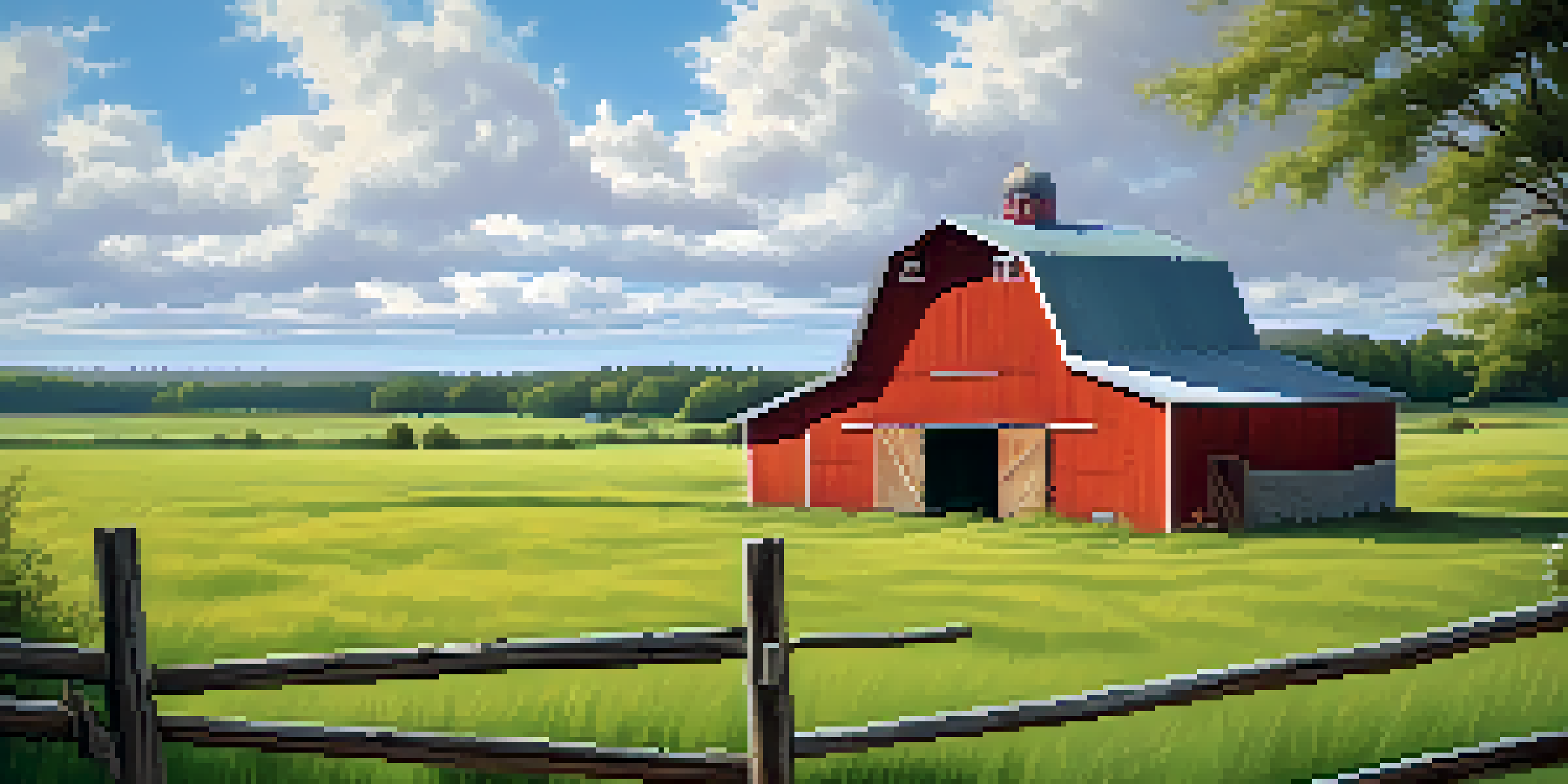 A bright red barn contrasting against a soft green field under a blue sky with white clouds.