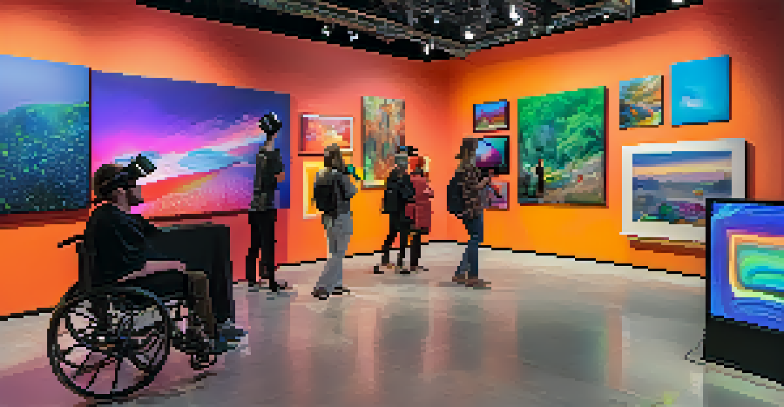 A digital art exhibition showcasing innovative works by disabled artists, with attendees interacting with virtual reality art pieces in a colorful gallery setting.