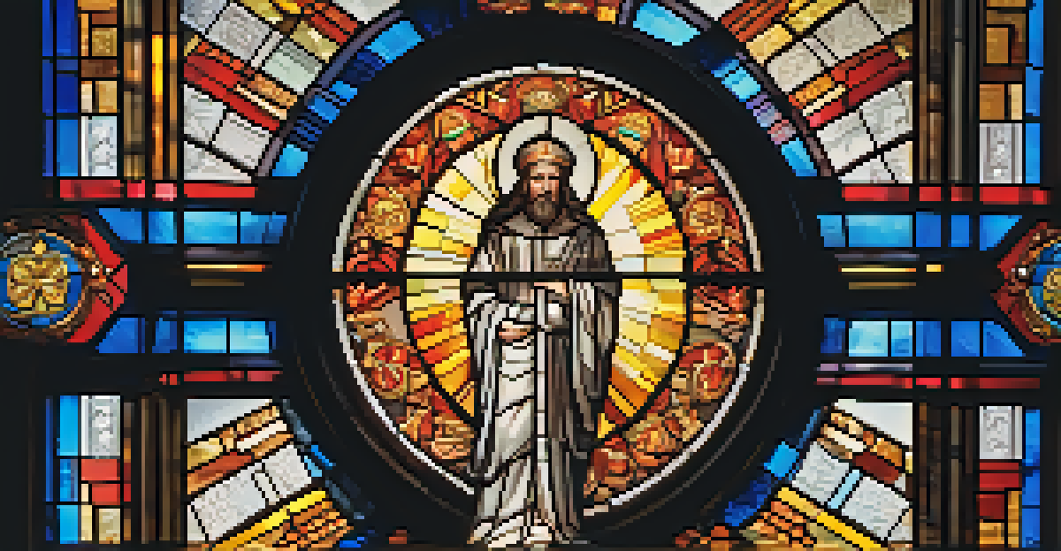 A close-up of a stained glass window featuring a religious figure, with colorful light filtering through the intricate patterns.