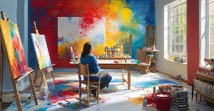 A peaceful art therapy studio with a person painting on a large canvas filled with vibrant abstract colors, surrounded by art supplies.