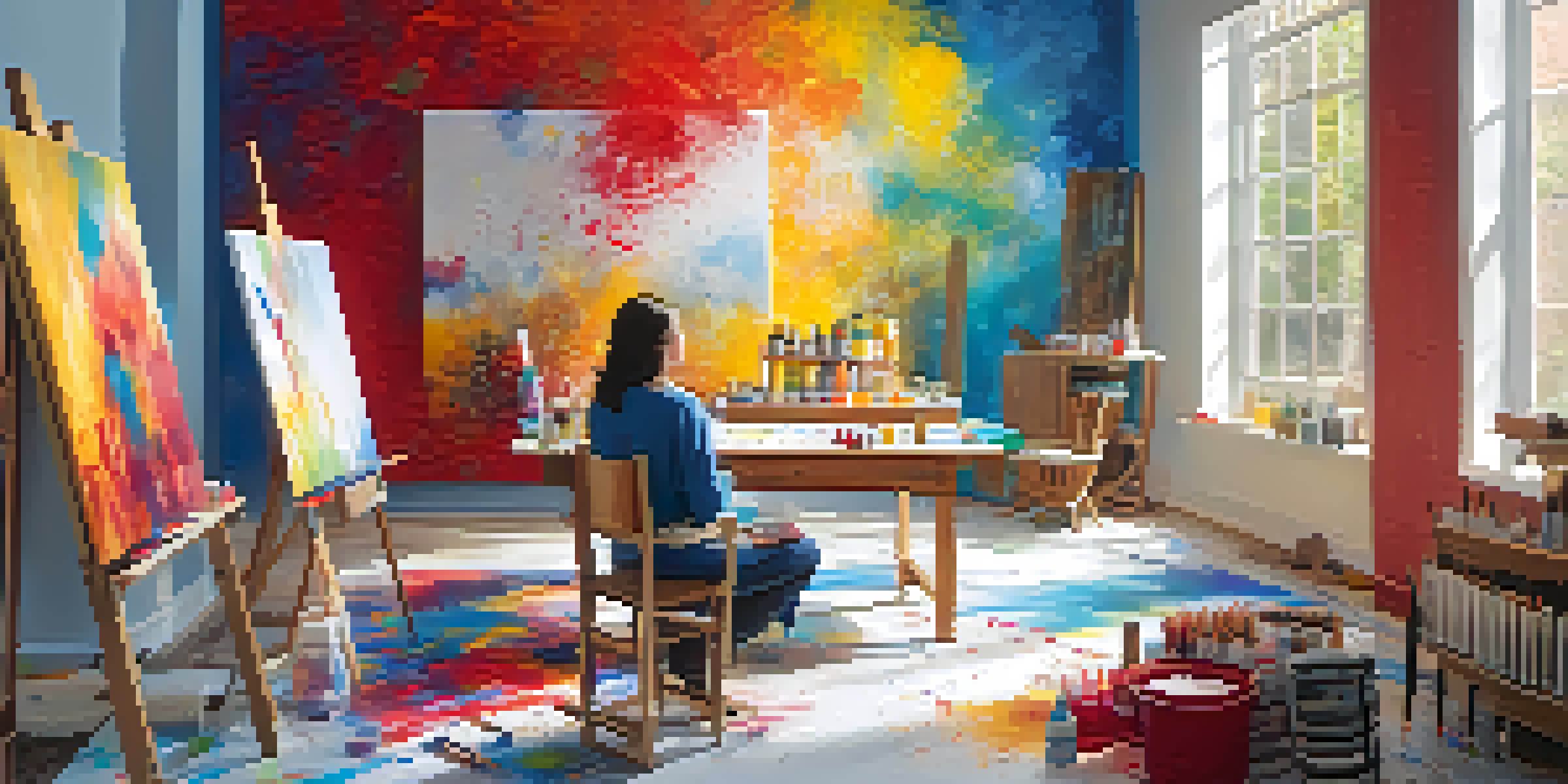 A peaceful art therapy studio with a person painting on a large canvas filled with vibrant abstract colors, surrounded by art supplies.