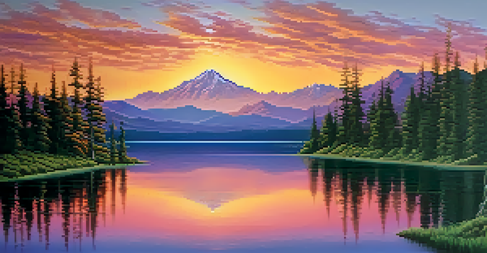 A beautiful landscape featuring a calm lake, green trees, and mountains against a colorful sunset sky.