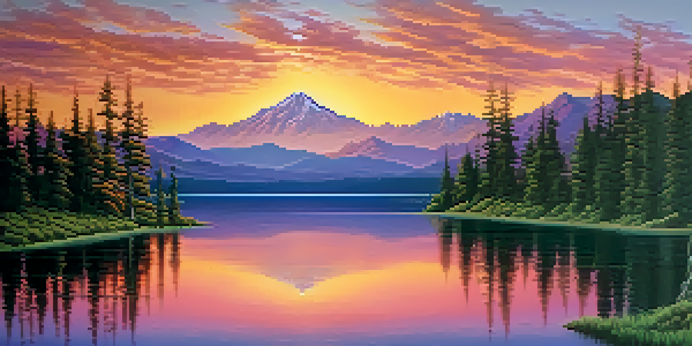A beautiful landscape featuring a calm lake, green trees, and mountains against a colorful sunset sky.