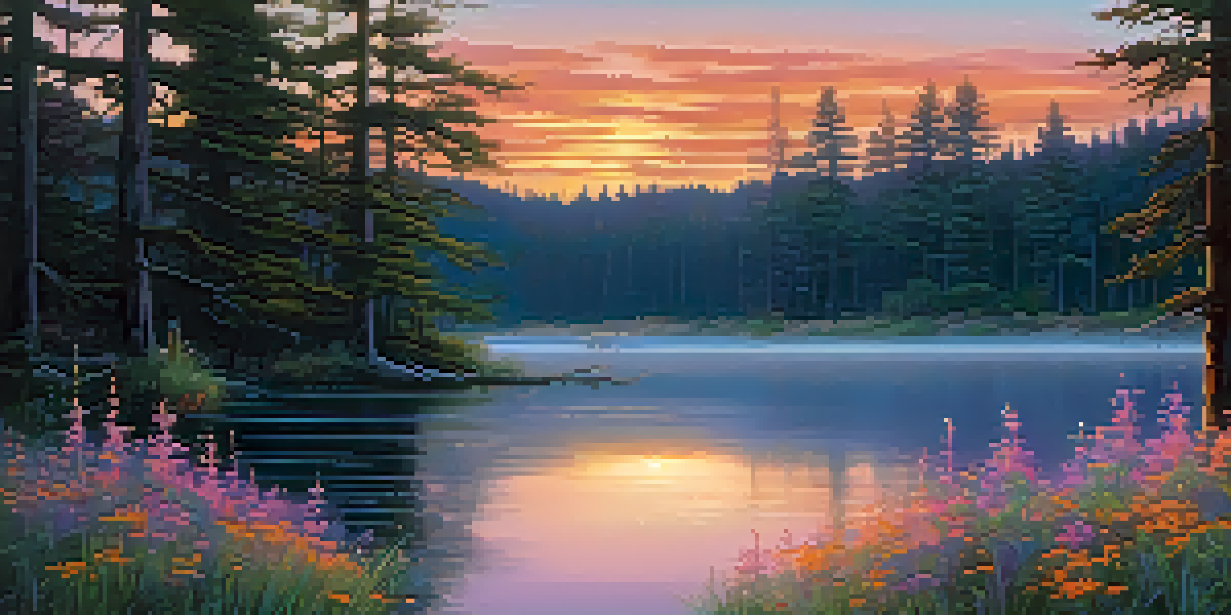 A tranquil sunset over a calm lake with vibrant colors reflecting on the water, surrounded by wildflowers and pine trees.